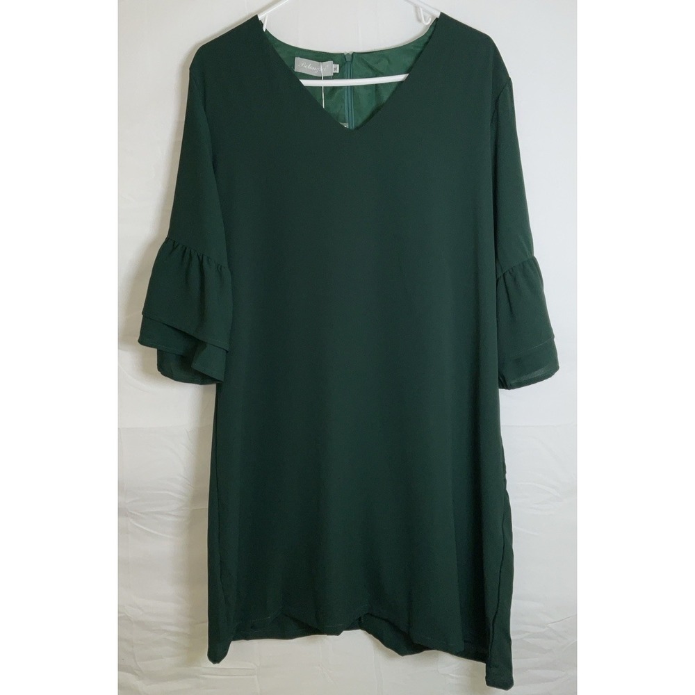 NWT Women's Belongsci Dark Green Shift Dress Bell Sleeve V Neck - XL